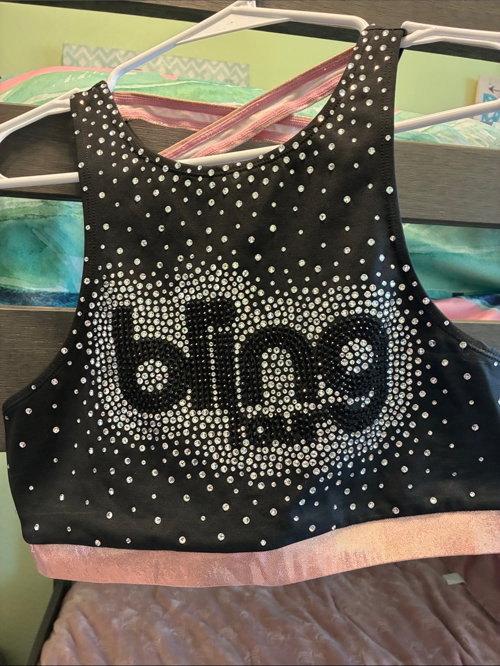 Rhinestone Logo Crop Tank Top - Black with Pink Trim